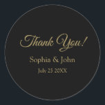 Romantic Black and Gold Wedding Thank You Classic Round Sticker<br><div class="desc">Shape: Classic Round Stickers Create custom stickers for every occasion! From special mailings and scrapbooking to kids’ activities and DIY projects, you’ll find these stickers are great for so many uses. Add your own designs, patterns, text, and pictures! Dimensions: Available in 2 sizes: Large: 3" diameter, 6 stickers per sheet...</div>