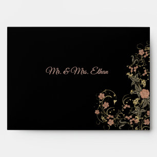 Romantic Black and Tea Pink Floral Wedding Envelope