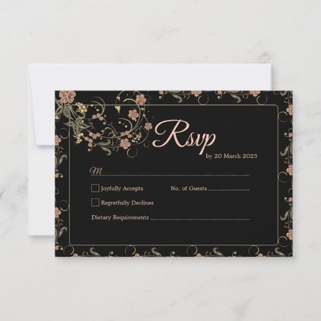Romantic Black and Tea Pink Wedding Response Card (Front)
