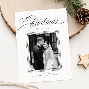 Romantic Black and White Newlywed Photo Christmas Holiday Card