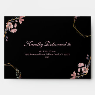 Romantic Black Blush Pink Floral Gold Geometric Envelope