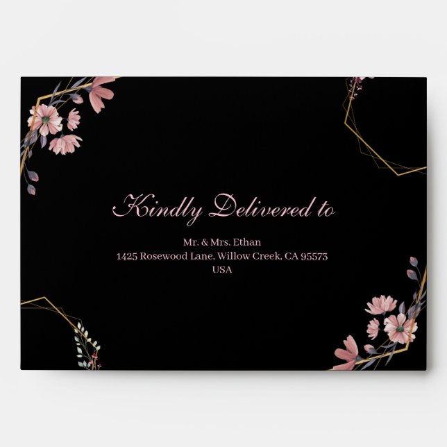 Romantic Black Blush Pink Floral Gold Geometric  Envelope (Front)