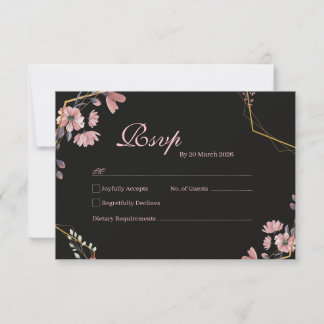 Romantic Black Blush Pink Floral RSVP Card