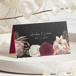 Romantic Black Burgundy Floral Wedding Place Card