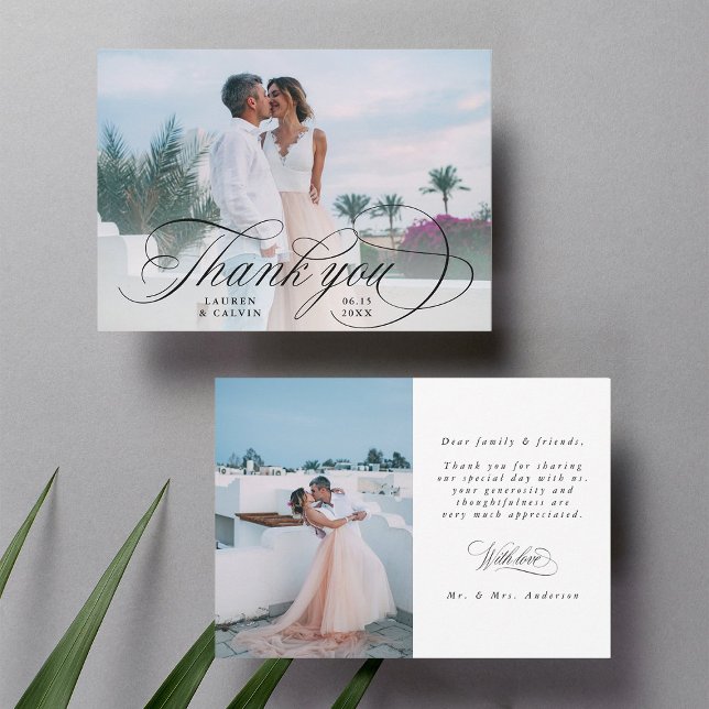 Romantic Black Calligraphy 2 Photo Wedding  Thank You Card (Front & Back)