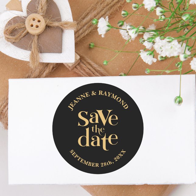 Romantic Black Gold Custom Save the Date Wedding Classic Round Sticker (Creator Uploaded)