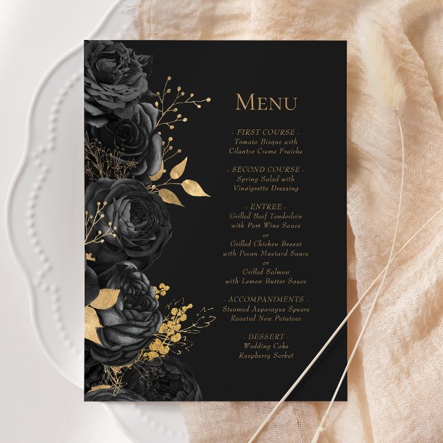 Romantic Black Gold Dark Floral Wedding Menu (Creator Uploaded)