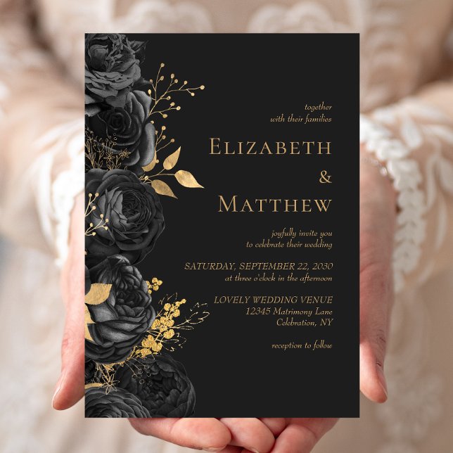 Romantic Black Gold Floral Dark Wedding Invitation (Creator Uploaded)