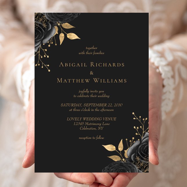Romantic Black Gold Floral Dark Wedding Invitation (Creator Uploaded)