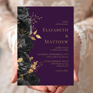 Romantic Black Gold Floral Purple Wedding Invitation