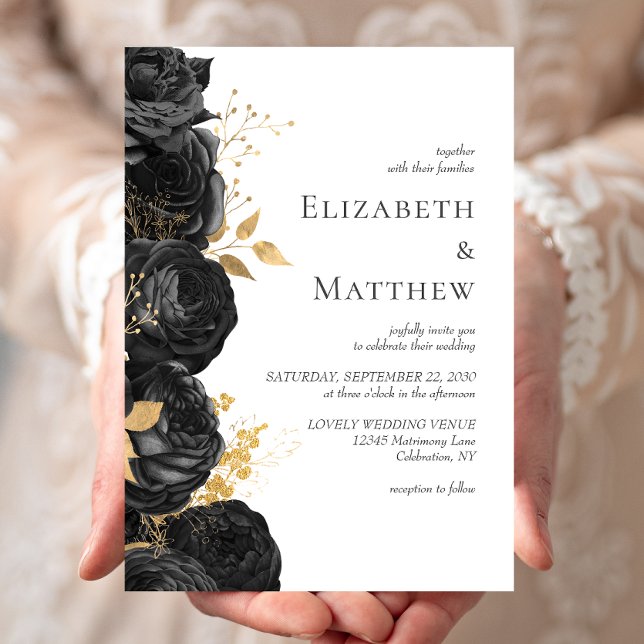Romantic Black Gold Floral Wedding Invitation (Creator Uploaded)