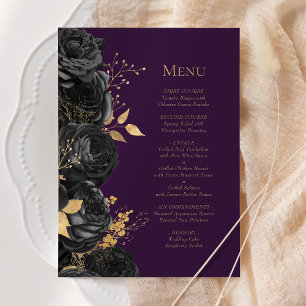 Romantic Black Gold Purple Floral Wedding Menu