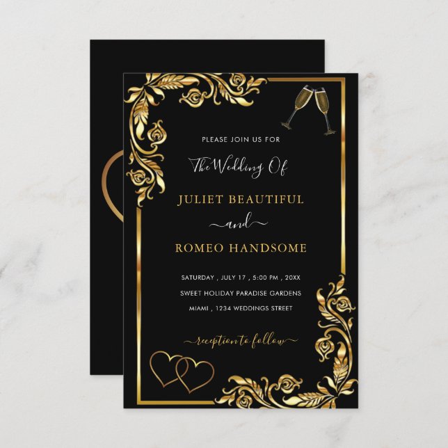 Romantic Black Gold Wedding Invitation Template (Front/Back)