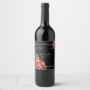 Romantic Black & Orange Floral Script Wedding Wine Label