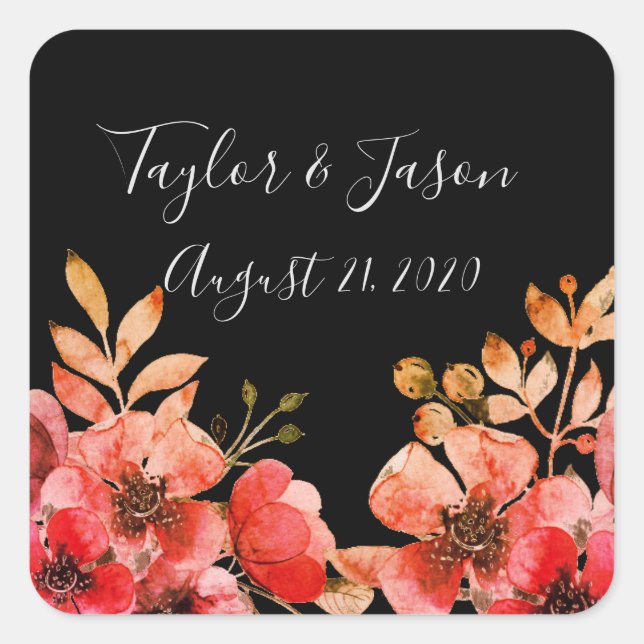 Romantic Black Peach Coral Wedding Square Sticker (Front)
