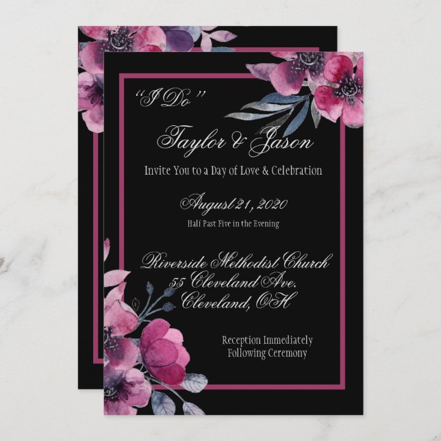 Romantic Black & Pink Floral Script Wedding Invitation (Front/Back)