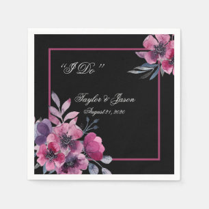 Romantic Black & Pink Floral Script Wedding Napkin
