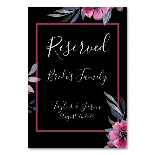 Romantic Black & Pink Floral Script Wedding Table Number (Front)