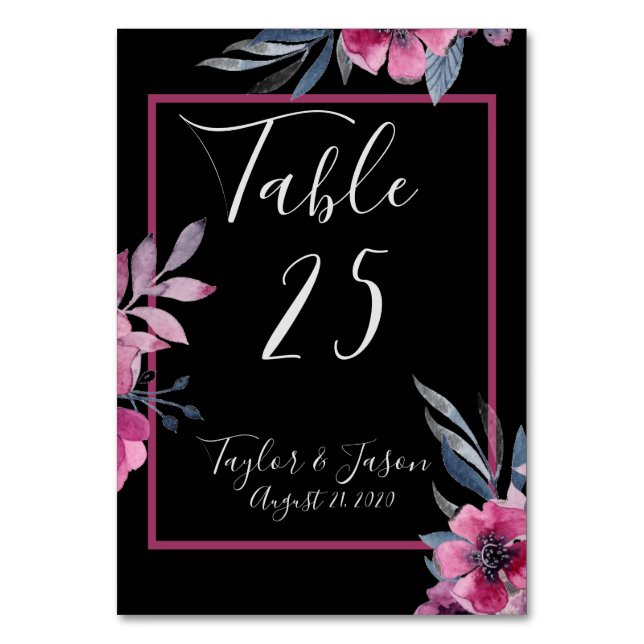 Romantic Black & Pink Floral Script Wedding Table Number (Front)