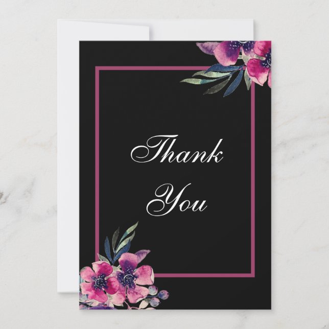Romantic Black & Pink Floral Script Wedding Thank You Card (Front)
