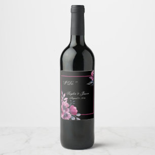 Romantic Black & Pink Floral Script Wedding Wine Label
