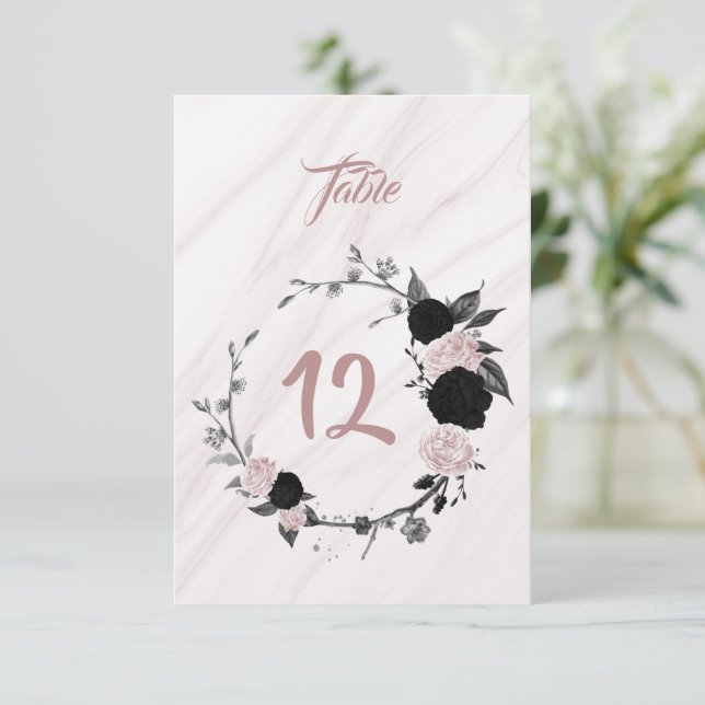 Romantic black & pink floral wreath table number (Standing Front)