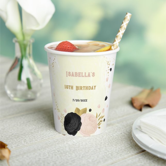 Romantic black & pink flowers gold paper cups (Insitu)