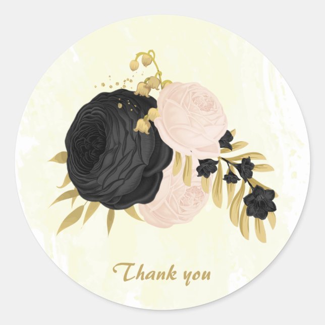 Romantic black & pink flowers gold wedding classic round sticker (Front)
