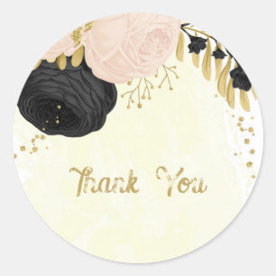 Romantic black & pink flowers gold wedding classic round sticker