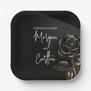Romantic Black Rose with Gold Accents Wedding Paper Plate