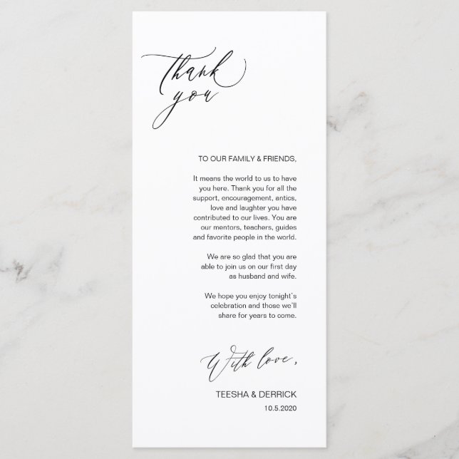 Romantic Black Script Place Setting Thank You Card (Front)