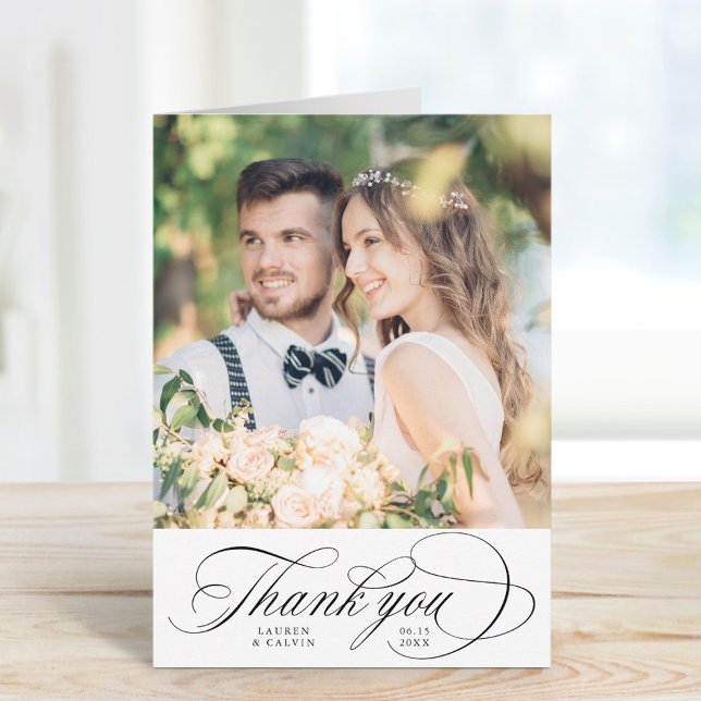 Romantic Black Script Wedding Photo Folded Thank You Card (Creator Uploaded)