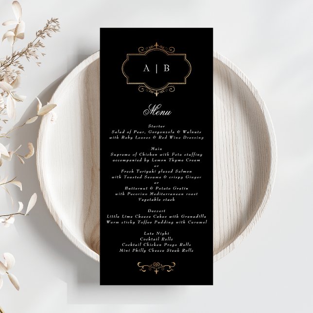 romantic black white classic gold monogram wedding menu (Creator Uploaded)