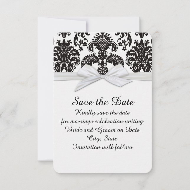 Romantic Black&White Damask Save the date (Front)