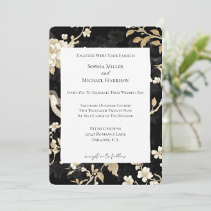 Romantic Black White Floral Birds Wedding Invitation
