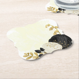 Romantic black & white flowers gold paper coaster