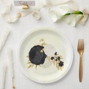 Romantic black & white flowers gold paper plate