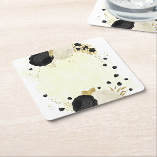 Romantic black & white flowers gold square paper coaster