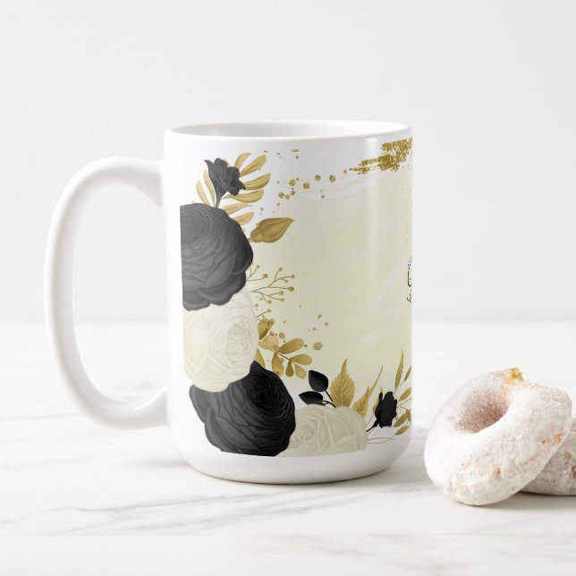 Romantic black &white flowers gold wedding coffee mug (With Donut)