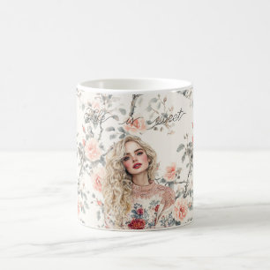 Romantic Blond Hair Girl Peach Roses Floral Coffee Mug