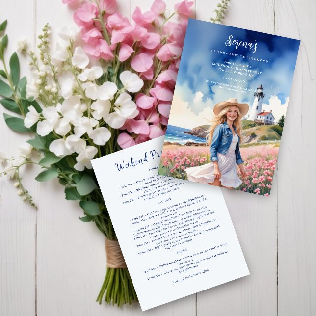 Romantic Blonde Cowgirl Chic Landscape Lighthouse Invitation (Romantic Blonde Cowgirl on Marine Landscape with Lighthouse Bachelorette Weekend Invitation Card.)