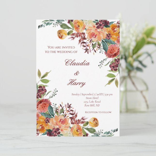 Romantic bloom floral colourful wedding invitation (Standing Front)