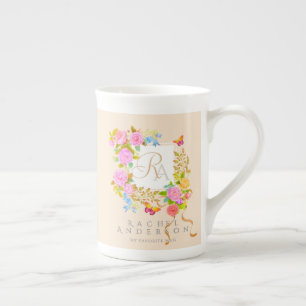 Romantic Blooming Garden Monogram Beige Bone China Mug