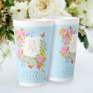 Romantic Blooming Garden Monogram Blue Latte Mug