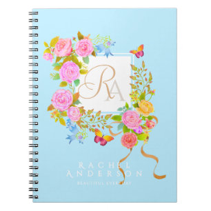 Romantic Blooming Garden Monogram Blue Notebook