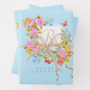 Romantic Blooming Garden Monogram Blue Wrapping Paper Sheet