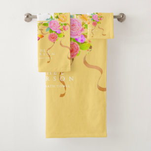 Romantic Blooming Garden Monogram Gold Yellow Bath Towel Set