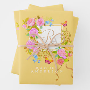 Romantic Blooming Garden Monogram Gold Yellow Wrapping Paper Sheet