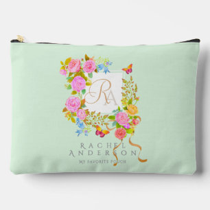 Romantic Blooming Garden Monogram Green Accessory Pouch
