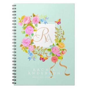 Romantic Blooming Garden Monogram Green Notebook